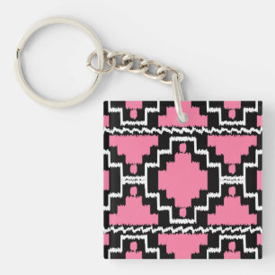 Ikat Aztec Pattern - Fuchsia Pink, Black and White Key Ring