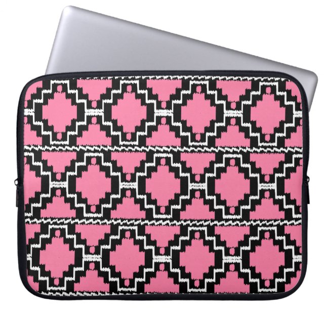 Ikat Aztec Pattern - Fuchsia Pink, Black and White Laptop Sleeve (Front)