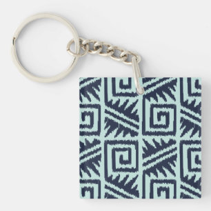 Ikat Aztec Pattern - Indigo and Light Blue Key Ring