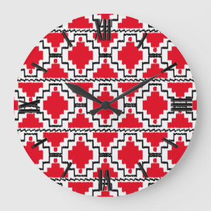 Ikat Aztec Pattern - Red, Black and White Large Clock