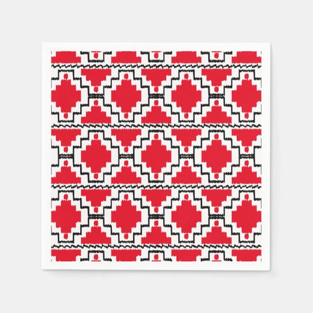 Ikat Aztec Pattern - Red, Black and White Napkin (Front)