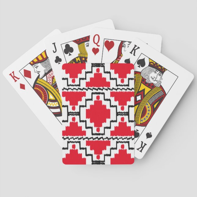Ikat Aztec Pattern - Red, Black and White Playing Cards (Back)
