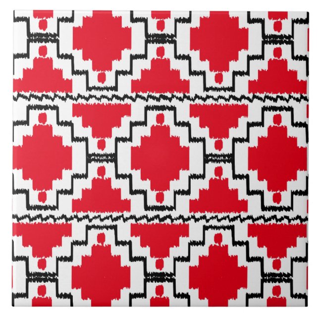 Ikat Aztec Pattern - Red, Black and White Tile (Front)