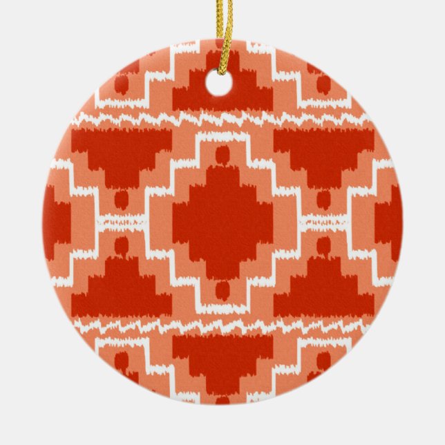 Ikat Aztec Pattern - Rust, Orange and white Ceramic Tree Decoration (Front)