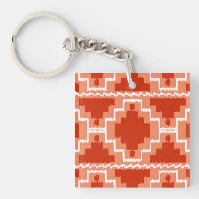 Ikat Aztec Pattern - Rust, Orange and white Key Ring (Front)
