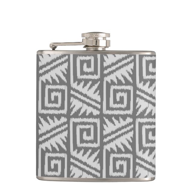 Ikat Aztec Pattern - Shades of Grey / Grey Hip Flask (Front)