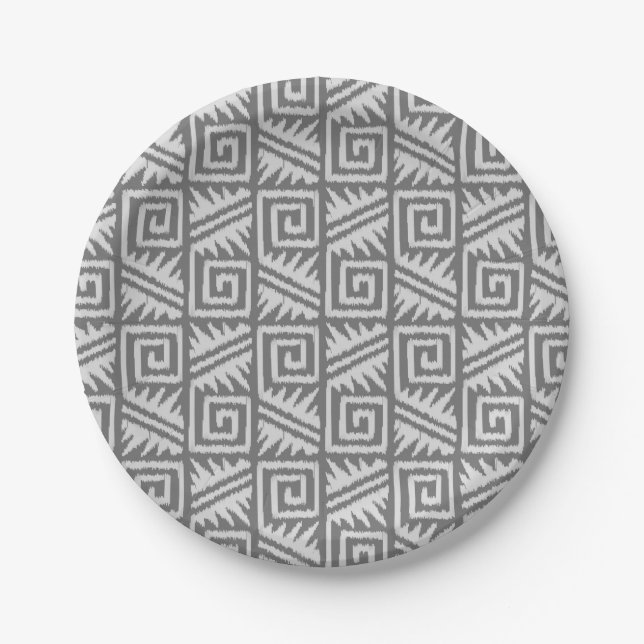 Ikat Aztec Pattern - Shades of Grey / Grey Paper Plate (Front)
