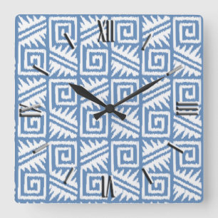 Ikat Aztec Pattern - Sky Blue and White Square Wall Clock