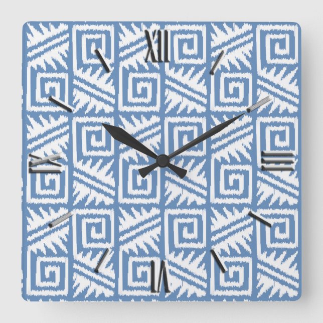 Ikat Aztec Pattern - Sky Blue and White Square Wall Clock (Front)