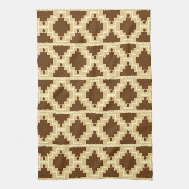 Ikat Aztec Pattern - Tan, brown and cream Tea Towel (Vertical)