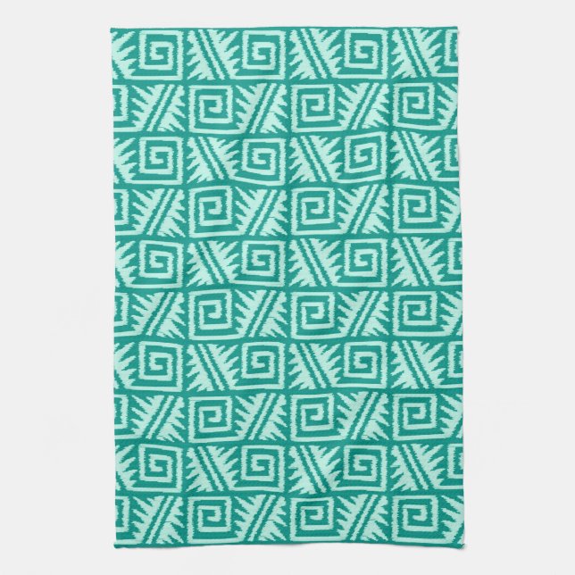 Ikat Aztec Pattern - Turquoise and Aqua Tea Towel (Vertical)