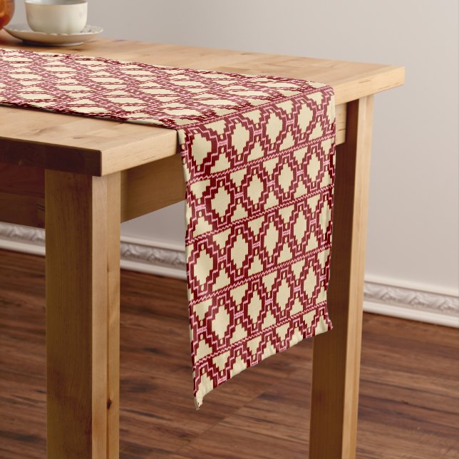 Ikat Aztec Tribal Beige, Burgundy and Pink Short Table Runner (In Situ)