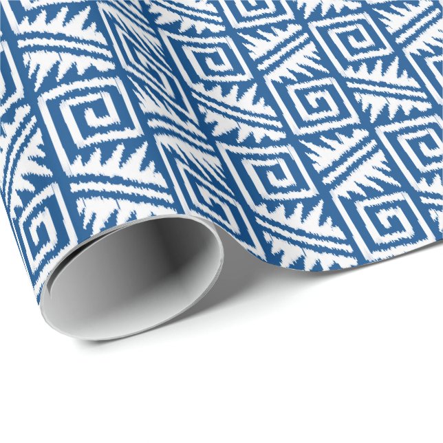 Ikat Aztec Tribal - Cobalt Blue and White Wrapping Paper (Roll Corner)
