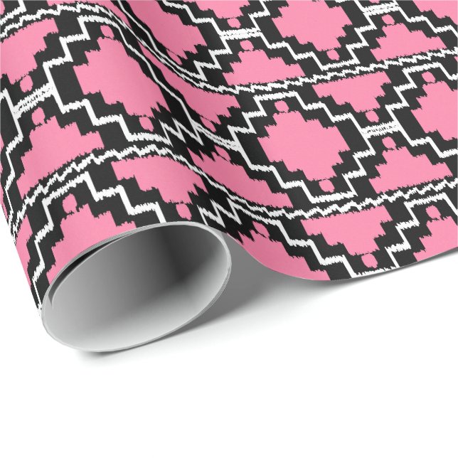Ikat Aztec Tribal - Fuchsia Pink, Black and White Wrapping Paper (Roll Corner)
