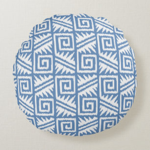 Ikat Aztec Tribal - Sky Blue and White Round Cushion