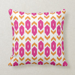 Ikat Boho Hot Pink Gold and White Pattern Cushion