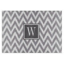 Ikat Chevron Grey Monogram Glass Cutting Board