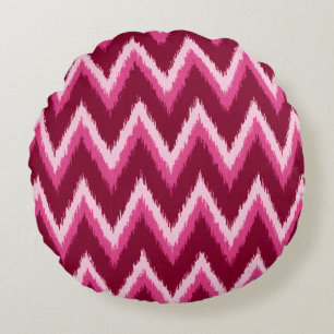 Ikat Chevron Stripes - Burqundy, Rose and Pink Round Cushion