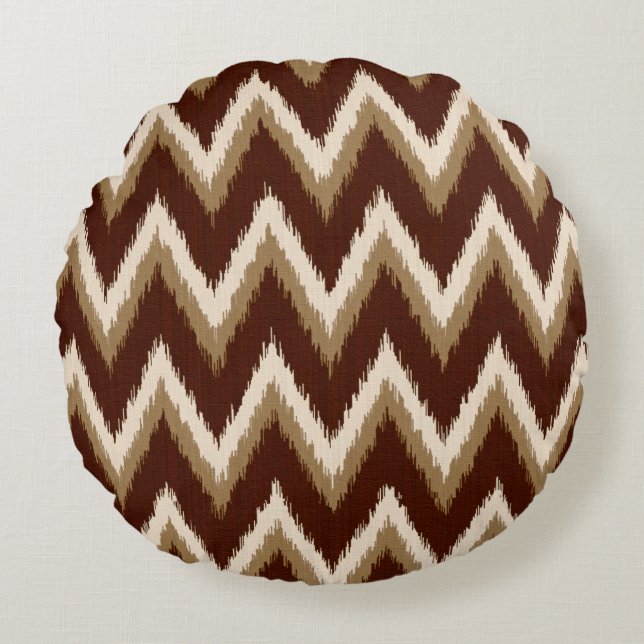 Ikat Chevron Stripes - Chocolate Brown & Beige Round Cushion (Front)
