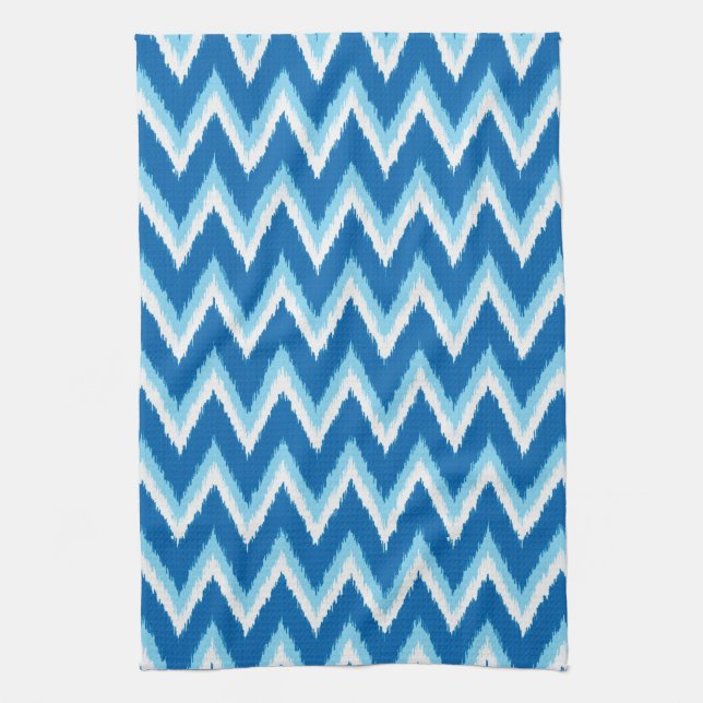 Ikat Chevron Stripes - Cobalt, Sky Blue and White Tea Towel (Vertical)
