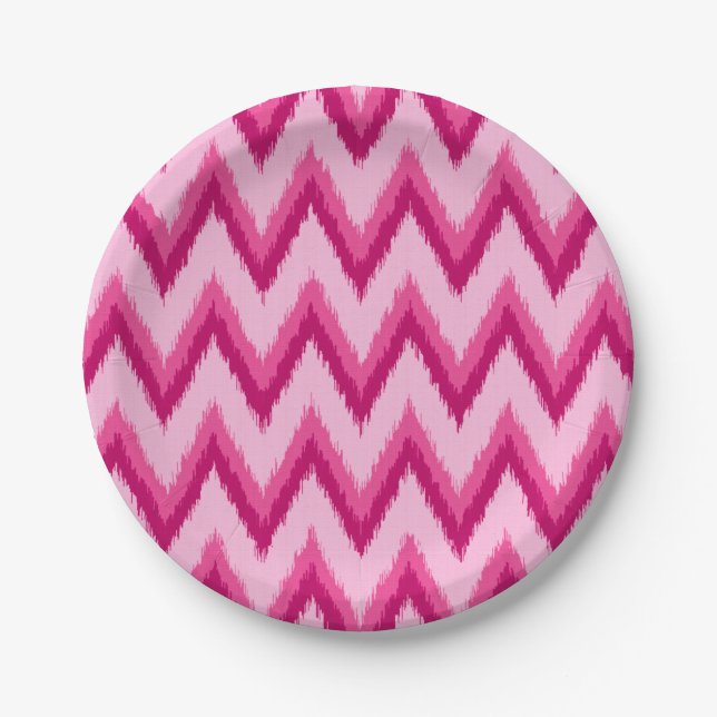 Ikat Chevron Stripes - Fuchsia and Pale Pink Paper Plate (Front)