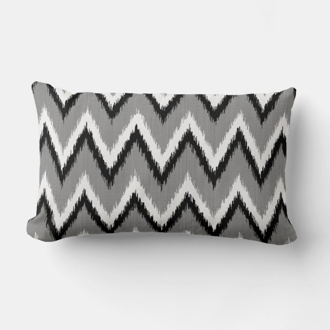 Ikat Chevron Stripes - Grey / Grey, Black & White Lumbar Cushion (Front)