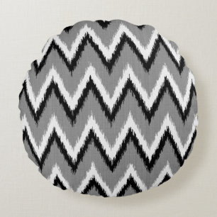 Ikat Chevron Stripes - Grey / Grey, Black & White Round Cushion