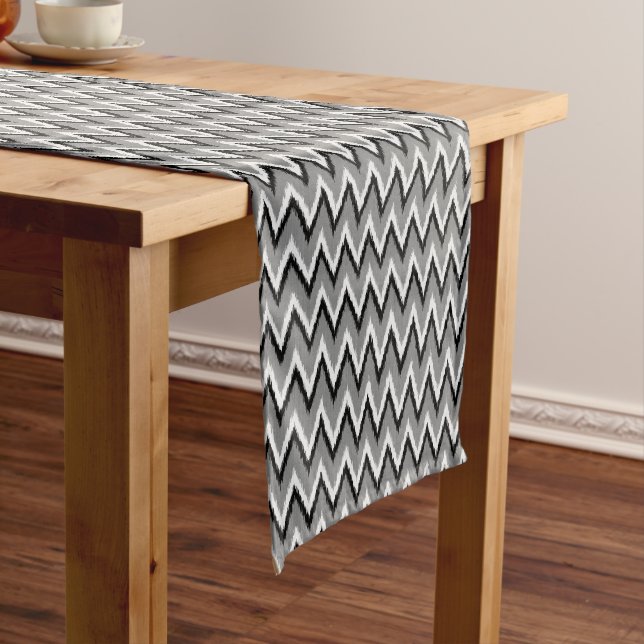 Ikat Chevron Stripes - Grey / Grey, Black & White Short Table Runner (In Situ)