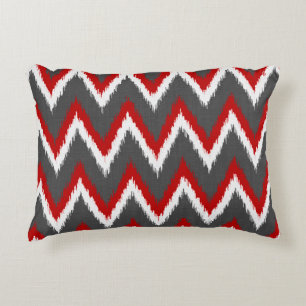 Ikat Chevron Stripes - Red, White and Grey / Grey Decorative Cushion