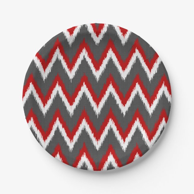 Ikat Chevron Stripes - Red, White and Grey / Grey Paper Plate (Front)