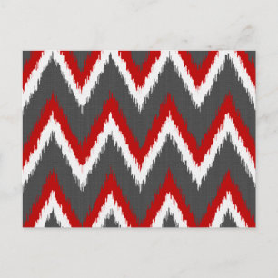 Ikat Chevron Stripes - Red, White and Grey / Grey Postcard