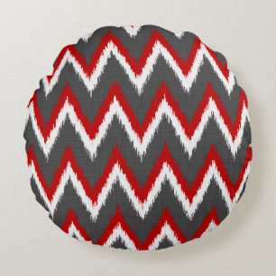 Ikat Chevron Stripes - Red, White and Grey / Grey Round Cushion