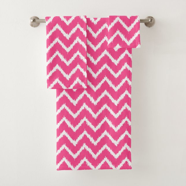 Ikat Chevrons - Deep fuchsia pink and white Bath Towel Set (Insitu)
