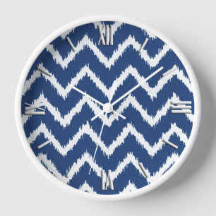 Ikat Chevrons - Navy blue and white Wall Clock