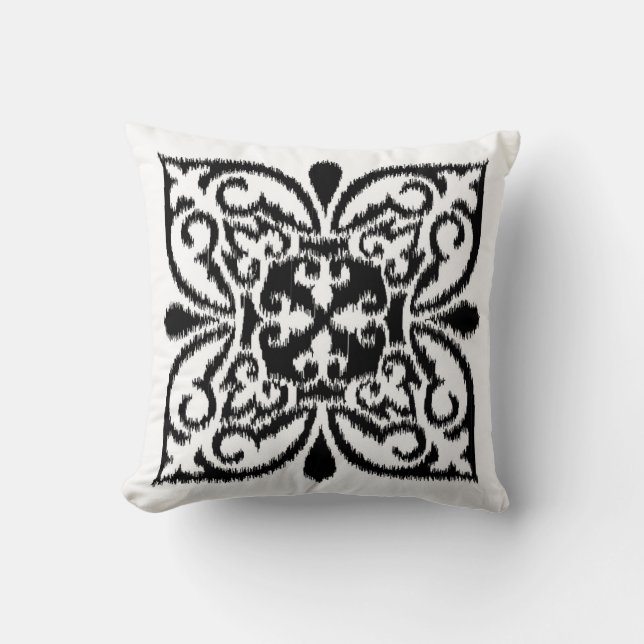 Ikat damask pattern - black and white cushion (Front)