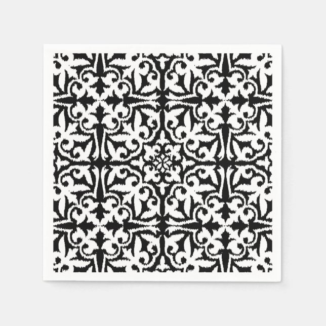 Ikat damask pattern - Black and White Napkin (Front)