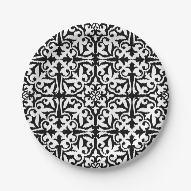 Ikat damask pattern - Black and White Paper Plate (Front)