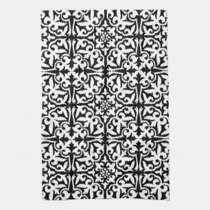 Ikat damask pattern - Black and White Tea Towel