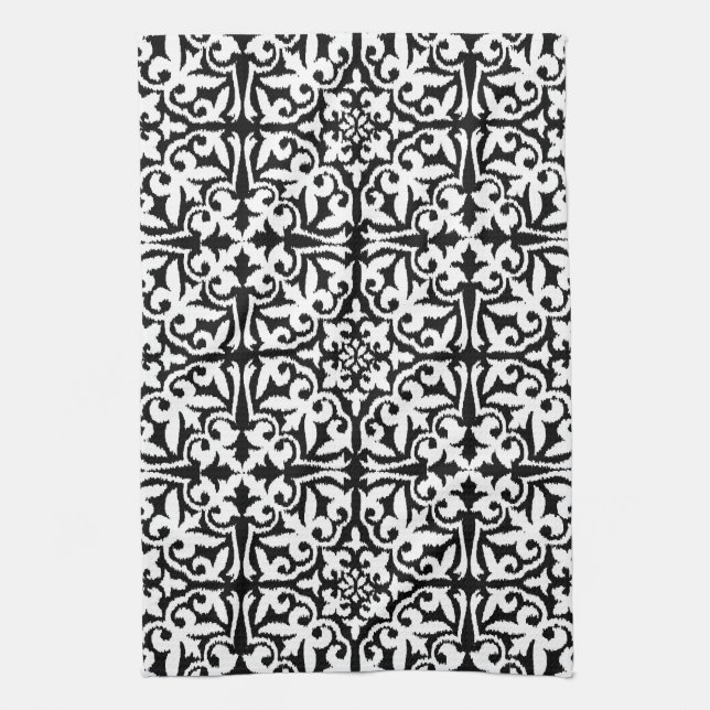 Ikat damask pattern - Black and White Tea Towel (Vertical)