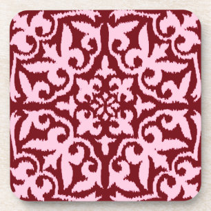 Ikat damask pattern - Burgundy and Pink Coaster