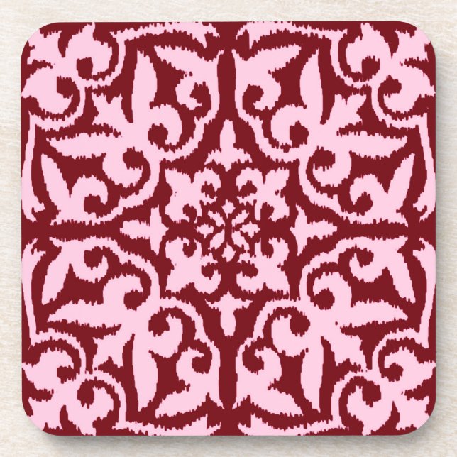 Ikat damask pattern - Burgundy and Pink Coaster (Front)