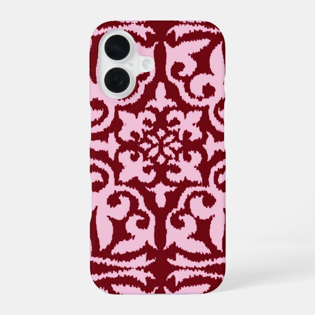 Ikat damask pattern - Burgundy and Pink iPhone 16 Case (Back)
