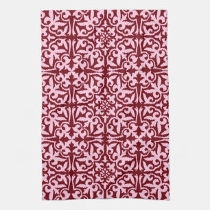 Ikat damask pattern - Burgundy and Pink Tea Towel