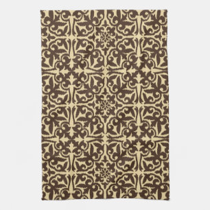 Ikat damask pattern - Chocolate Brown and Tan Tea Towel