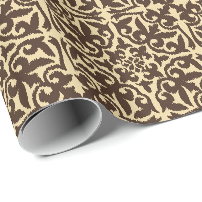 Ikat damask pattern - Chocolate Brown and Tan Wrapping Paper (Roll Corner)