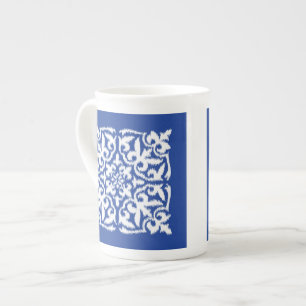 Ikat damask pattern - cobalt blue and white bone china mug