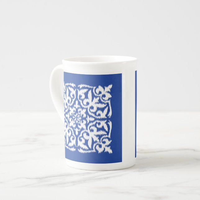 Ikat damask pattern - cobalt blue and white bone china mug (Front Left)