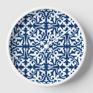Ikat damask pattern - Cobalt Blue and White Clock