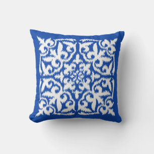 Ikat damask pattern - cobalt blue and white cushion