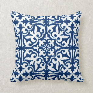 Ikat damask pattern - Cobalt Blue and White Cushion